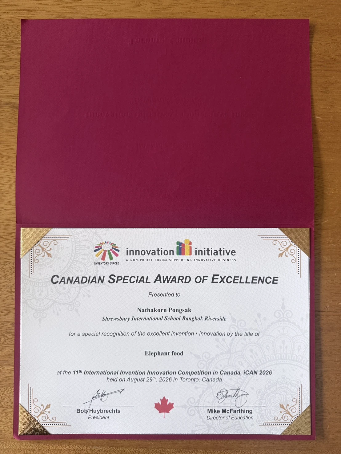 Canadian Special Award of Excellence certificate