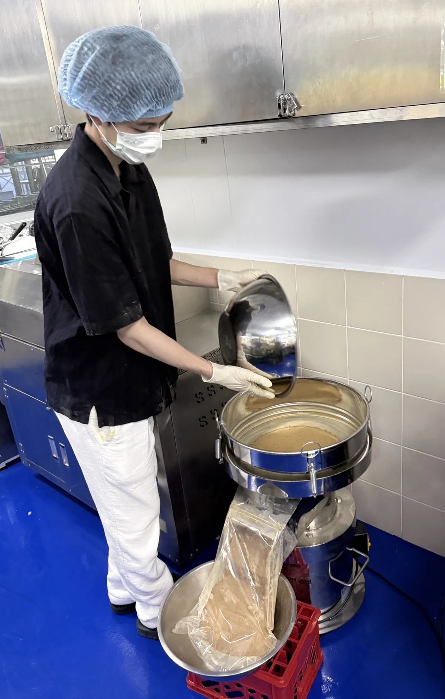 Sieving the powdered mixture during preparation